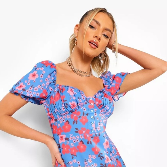 NWT Boohoo Floral Puff Sleeve Mini Dress - Picture 2 of 11